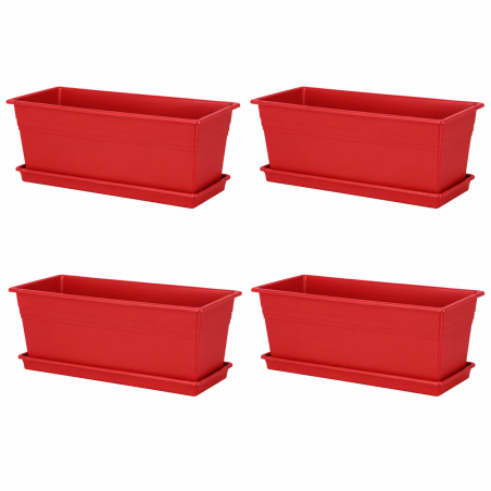 Lot de 4 jardinières Ronda 12L - 59,8 x 18,5 cm Fabriquées en France + Plateaux assortis - Rouge