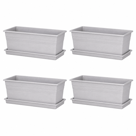 Lot de 4 jardinières Ronda 12L - 59,8 x 18,5 cm Fabriquées en France + Plateaux assortis - Stone