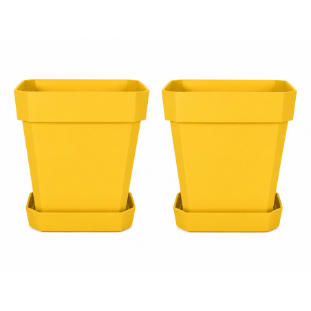 Lot de 2 pots de fleurs carrés 34L - 39 x 39 cm Fabriqués en France + Soucoupes assorties - Jaune