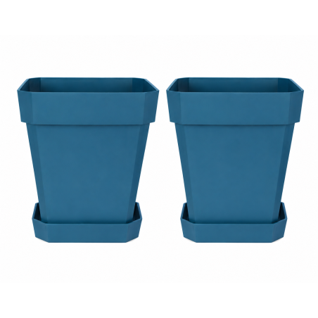 Lot de 2 pots de fleurs carrés 34L - 39 x 39 cm Fabriqués en France + Soucoupes assorties - Bleu