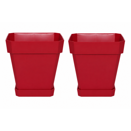 Lot de 2 pots de fleurs carrés 34L - 39 x 39 cm Fabriqués en France + Soucoupes assorties - Rouge