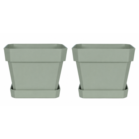 Lot de 2 pots de fleurs carrés 34L - 39 x 39 cm Fabriqués en France + Soucoupes assorties - Vert argile