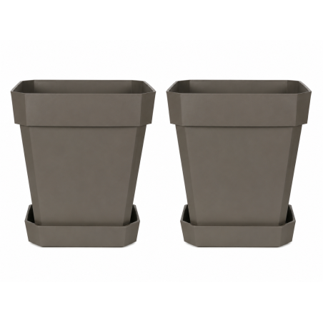 Lot de 2 pots de fleurs carrés 34L - 39 x 39 cm Fabriqués en France + Soucoupes assorties - Gris