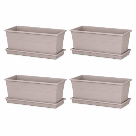 Lot de 4 jardinières Ronda 12L - 59,8 x 18,5 cm Fabriquées en France + Plateaux assortis - Taupe