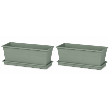 Lot de 2 grandes jardinières 18L - 68 x 23,5 cm Fabriquées en France + Plateaux assortis - Vert argile