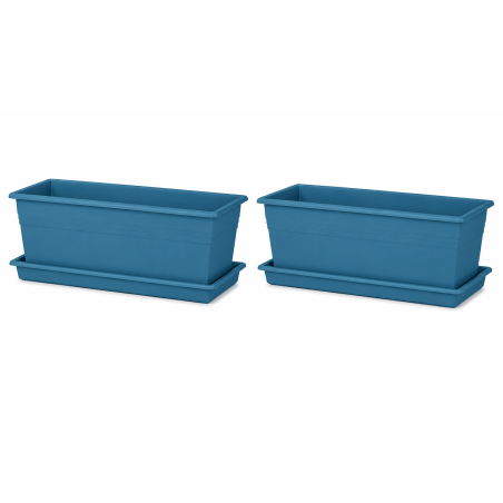 Lot de 2 grandes jardinières 18L - 68 x 23,5 cm Fabriquées en France + Plateaux assortis - Bleu