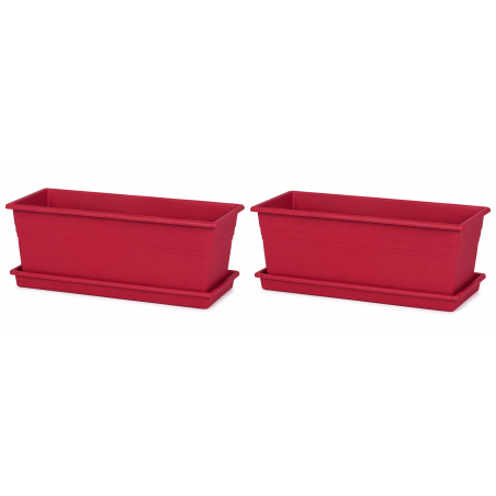Lot de 2 grandes jardinières 22L - 82,5 x 23,5 cm Fabriquées en France + Plateaux assortis - Rouge