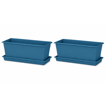 Lot de 2 grandes jardinières 22L - 82,5 x 23,5 cm Fabriquées en France + Plateaux assortis - Bleu