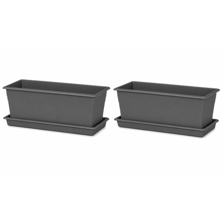 Lot de 2 grandes jardinières 22L - 82,5 x 23,5 cm Fabriquées en France + Plateaux assortis - Gris