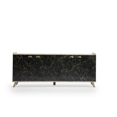 Console en bois MDF mélaminé chêne et marbre L 180 cm avec étagères