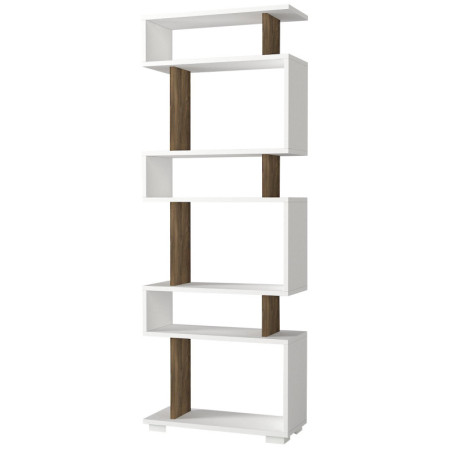 Bibliothèque Étagère blanche et décor noyer L 60 cm, rangements multiples, style moderne