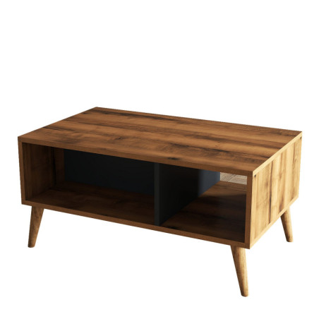 Table basse avec rangement décor noyer et anthracite L 90 cm, 2 niveaux, pieds en bois