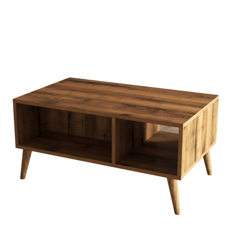 Table basse avec rangement décor noyer L 90 cm, 2 niveaux, pieds en bois, style bohème