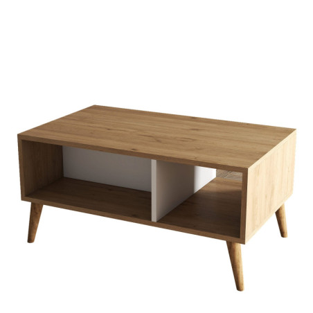 Table basse avec rangement décor chêne et blanc L 90 cm, 2 niveaux, pieds en bois