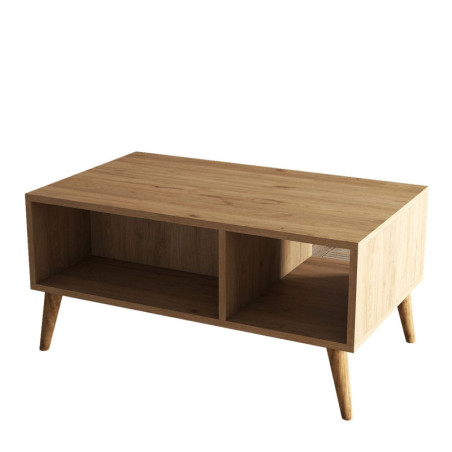 Table basse avec rangement décor chêne L 90 cm, 2 niveaux, pieds en bois