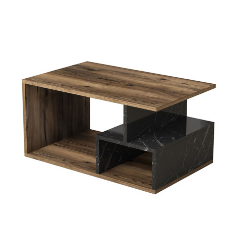 Table basse avec rangement décor noyer foncé et marbre noir L 90 cm, style moderne