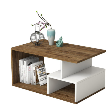 Table basse avec rangement décor noyer foncé et blanc L 90 cm, style bohème