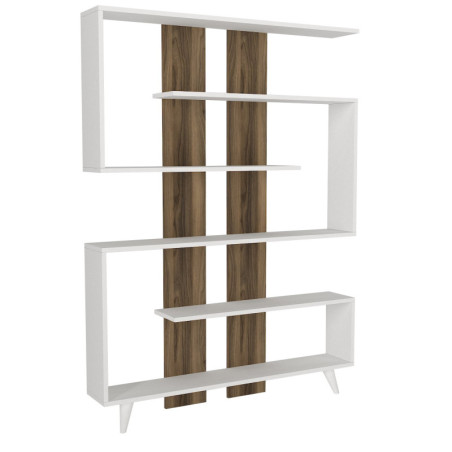 Bibliothèque Étagère blanche et décor noyer L 120 cm, nombreuses étagères, style scandinave