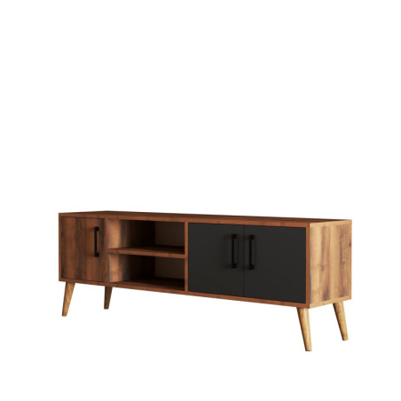 Meuble TV Banc TV décor noyer et anthracite L 150 cm, pieds en bois, rangements
