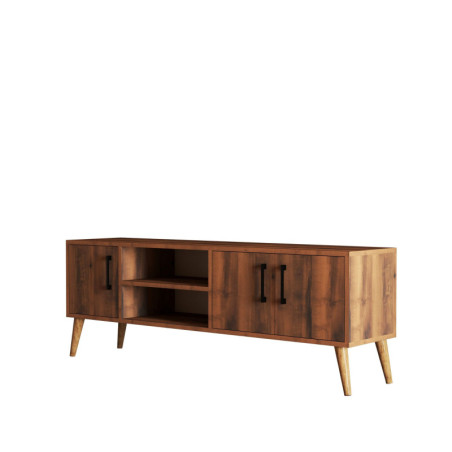 Meuble TV Banc TV décor noyer L 150 cm, pieds en bois, rangements