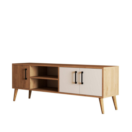 Meuble TV Banc TV décor chêne et blanc L 150 cm, pieds en bois, style bohème