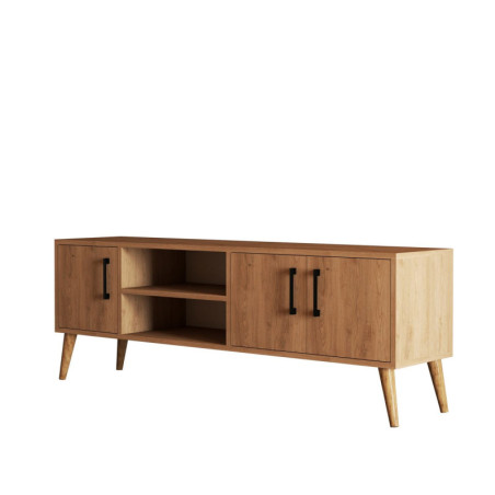 Meuble TV Banc TV décor chêne L 150 cm, pieds en bois, style bohème