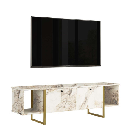 Meuble TV Banc TV blanc et or L 160 cm, pieds en métal, style moderne
