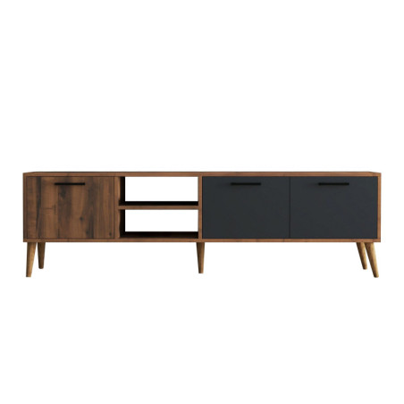 Meuble TV Banc TV décor noyer et anthracite L 180 cm, pieds en bois, rangements