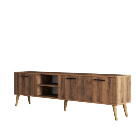 Meuble TV Banc TV décor noyer L 180 cm, pieds en bois, rangements
