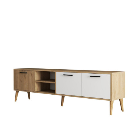 Meuble TV Banc TV décor chêne et blanc L 180 cm, pieds en bois, rangements