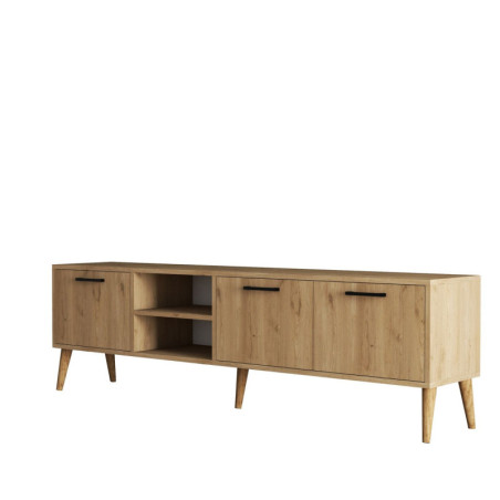 Meuble TV Banc TV décor chêne L 180 cm, pieds en bois, rangements