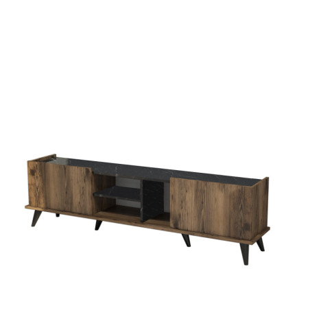 Meuble TV Meuble télévision Bois décor noyer et noir - L180 x H52 x P34 cm - Nombreuses étagères - Moderne