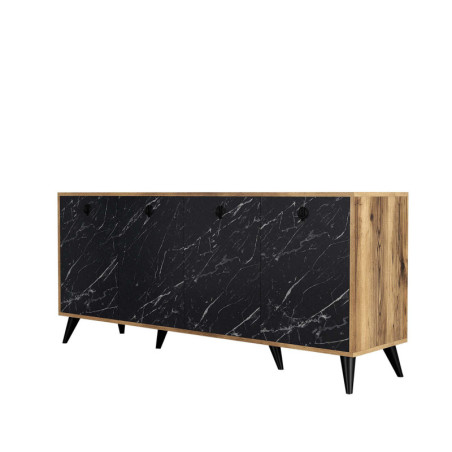 Console Meuble dentrée Bois décor noyer et marbre noir - L180 x H80 x P45 cm - Moderne