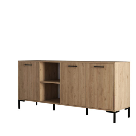 Console Meuble dentrée Bois décor chêne - L180 x H80 x P45 cm - Nombreuses étagères - Industriel