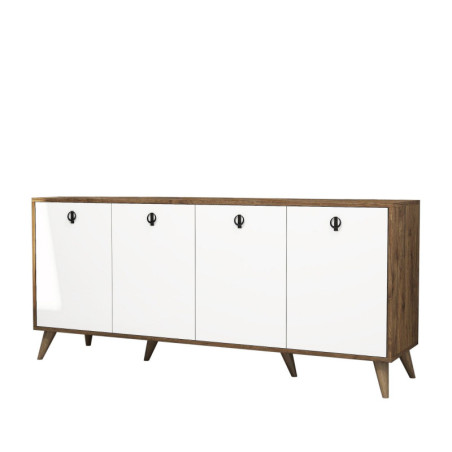 Console Meuble dentrée Bois décor noyer et blanc - L180 x H80 x P45 cm - Nombreuses étagères - Bohème
