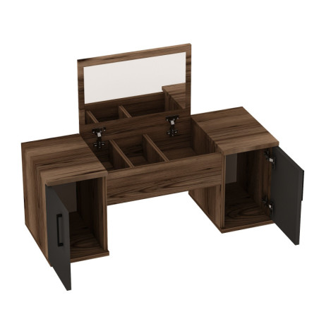 Coiffeuse Table de maquillage Bois décor noyer clair et anthracite - L100 x H74,1 x P35,5 cm - Miroir inclus - Moderne