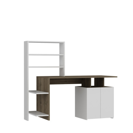 Bureau avec étagères MDF décor noyer et blanc - L146,3 x H73,8 x P60 cm