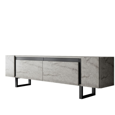 Meuble TV MDF effet travertin et métal noir - L180 x H50 x P30 cm - Design moderne