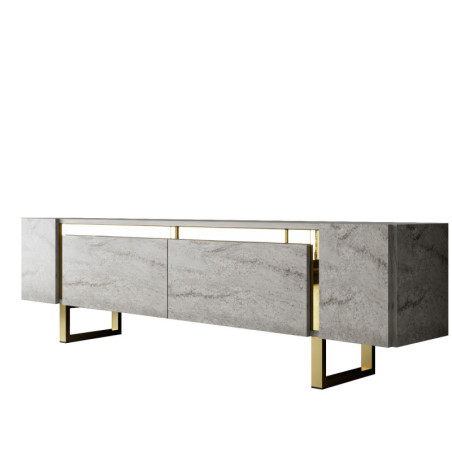 Meuble TV MDF effet travertin et métal doré - L180 x H50 x P30 cm - Design moderne