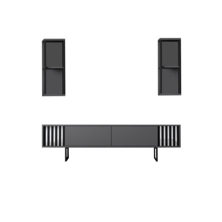 Meuble TV MDF anthracite et métal noir - L180 x H48 x P30 cm - Avec rangements