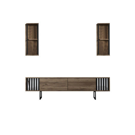 Meuble TV MDF décor noyer et métal noir - L180 x H48 x P30 cm - Avec rangements