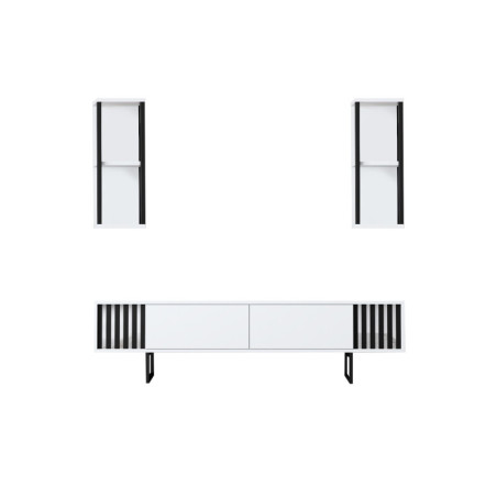 Meuble TV MDF blanc et métal noir - L180 x H48 x P30 cm - Avec rangements