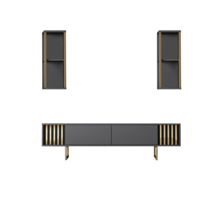 Meuble TV MDF anthracite et métal noir - L180 x H48 x P30 cm - Avec rangements