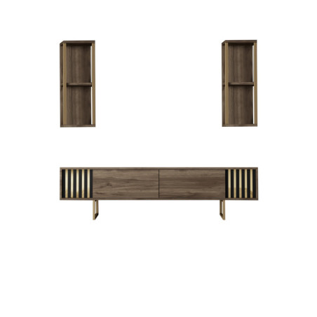 Meuble TV MDF décor noyer et métal noir - L180 x H48 x P30 cm - Avec rangements