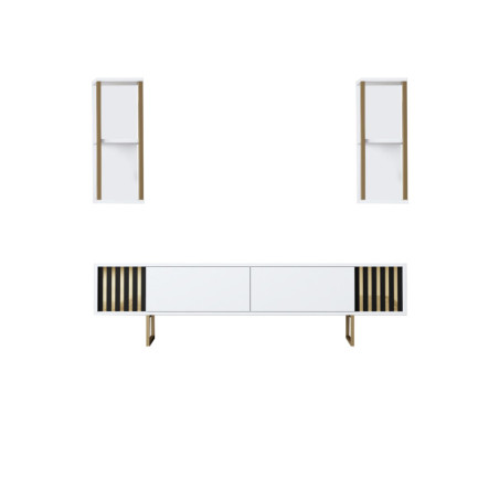 Meuble TV MDF blanc et métal noir - L180 x H48 x P30 cm - Avec rangements