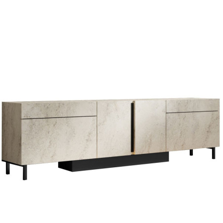 Meuble TV Bois MDF mélaminé effet travertin - L180 x H50 x P32 cm - LED RGB - Pieds métal