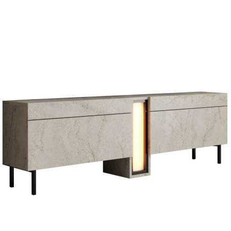 Meuble TV Bois MDF mélaminé effet travertin - L180 x H55 x P32 cm - LED RGB - Pieds métal