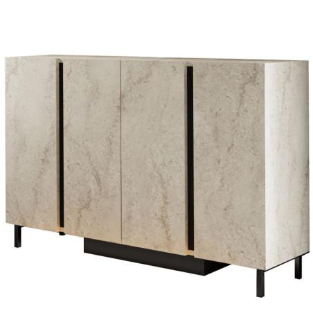 Console Meuble d'entrée Bois MDF mélaminé effet travertin - L127 x H80 x P32 cm - LED RGB - Pieds métal
