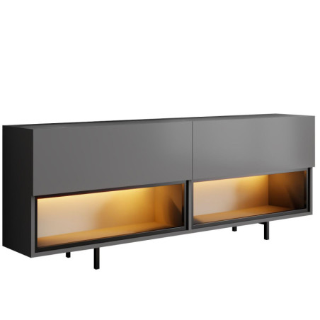 Meuble TV Bois MDF mélaminé anthracite - L180 x H67 x P32 cm - Éclairage LED - Pieds métal