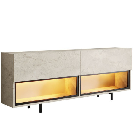 Meuble TV Bois MDF mélaminé effet travertin - L180 x H67 x P32 cm - Éclairage LED - Pieds métal